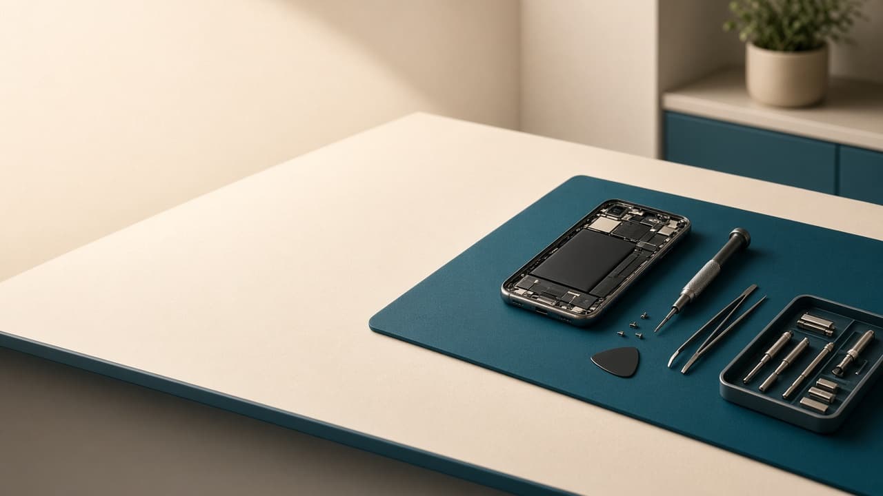 Phone being repaired on a clean bench