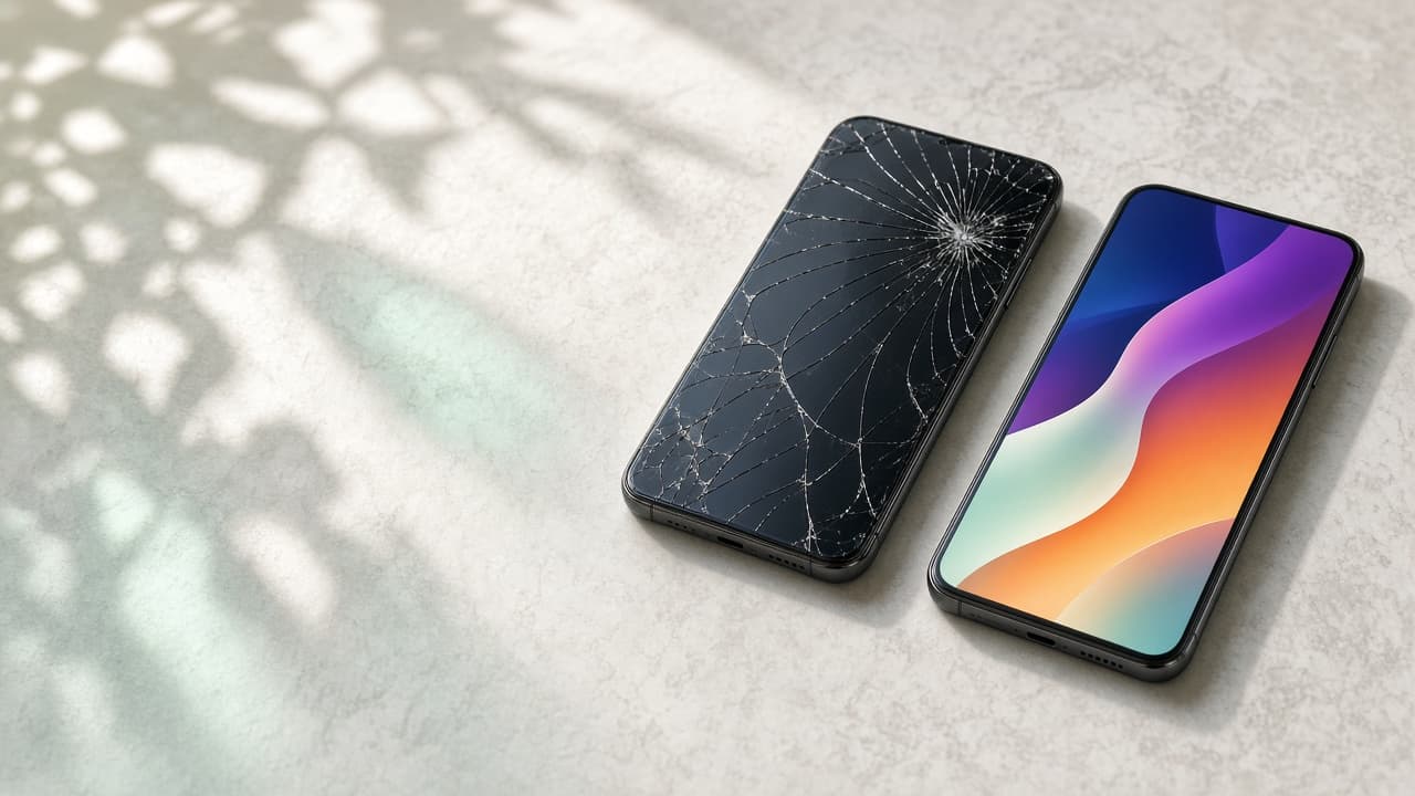 Cracked phone beside a repaired phone