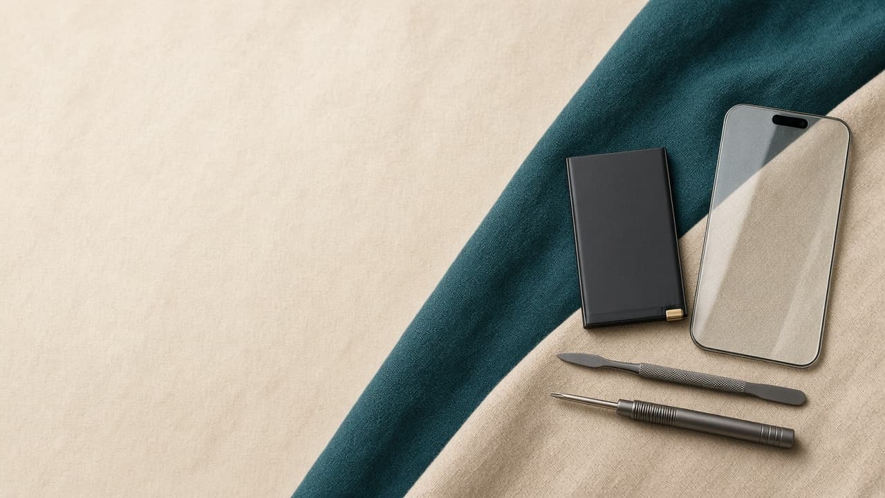 Spare screen, battery, and tools